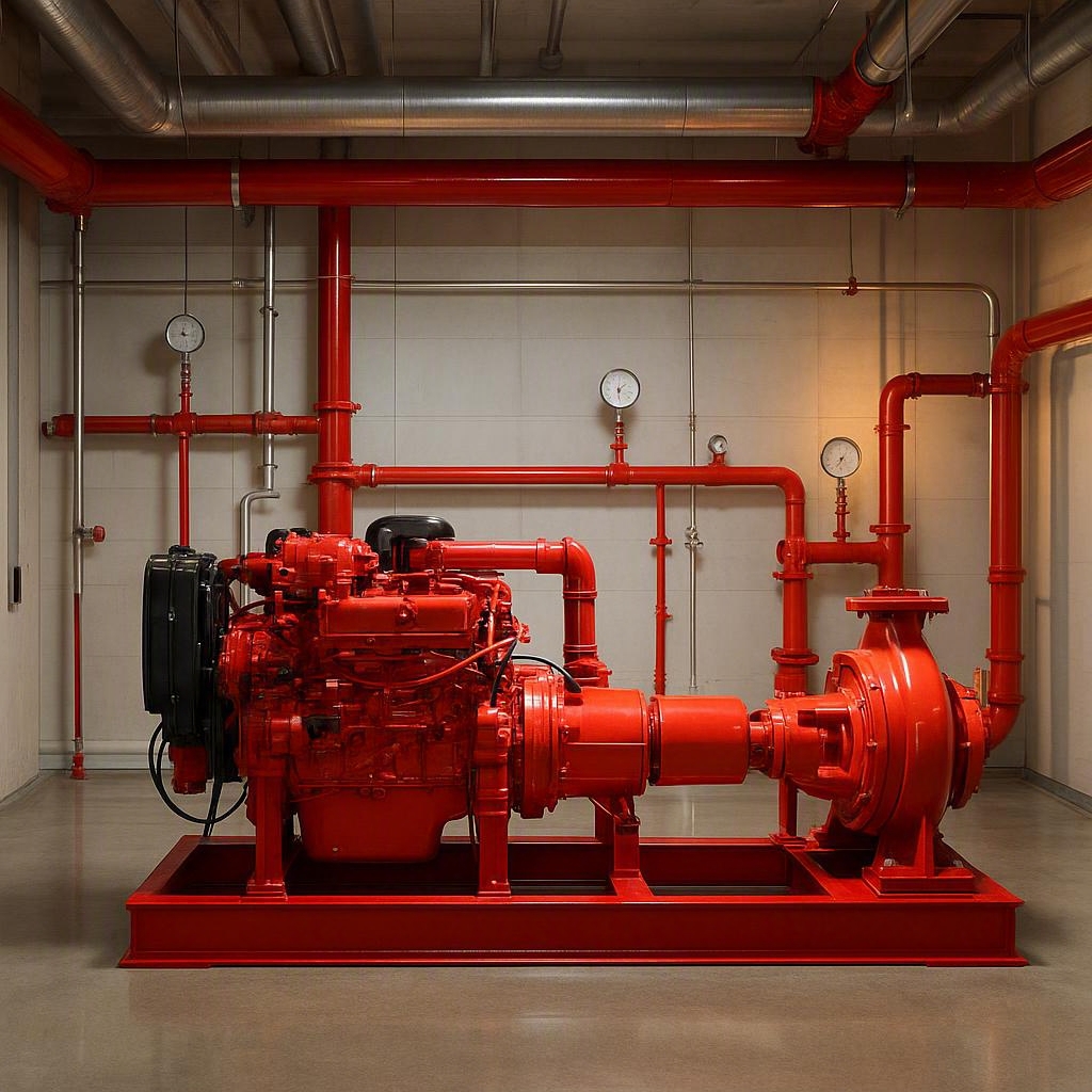 Red fire pump unit in a pump room